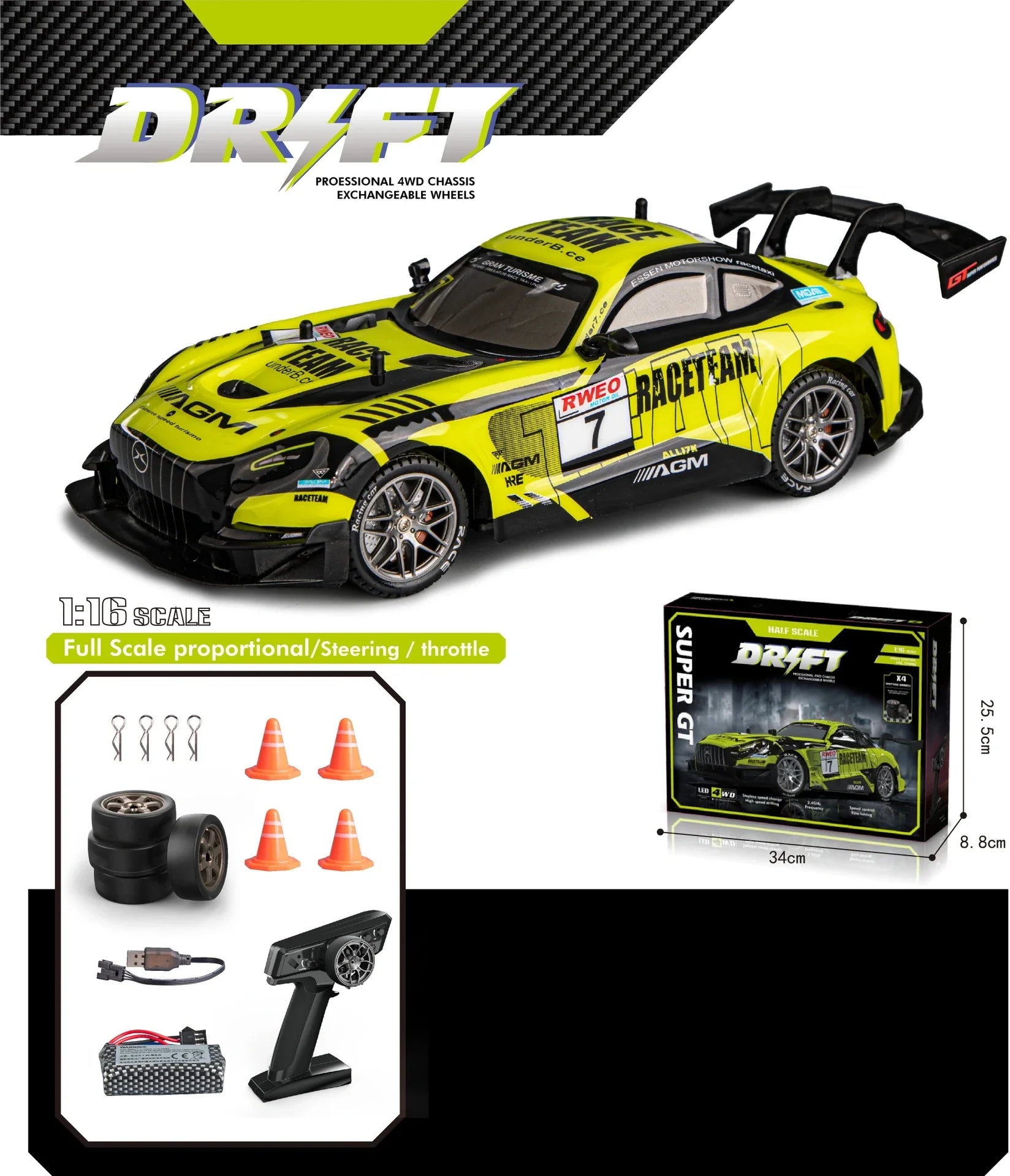 High Speed Drift RC Car – 25 km/h, 4X4 (1:16)(Yellow Track)